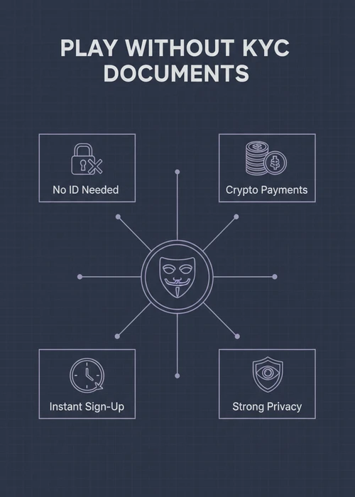 Play without KYC documents at a no ID verification casino — no ID needed, crypto payments, instant sign-up and strong privacy.