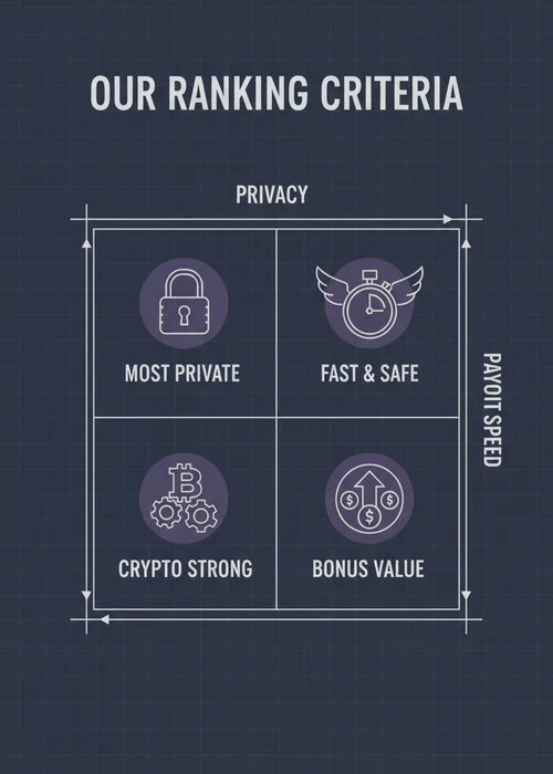Our ranking criteria for the top 10 no ID verification casinos — privacy and payout speed across most private and bonus value.