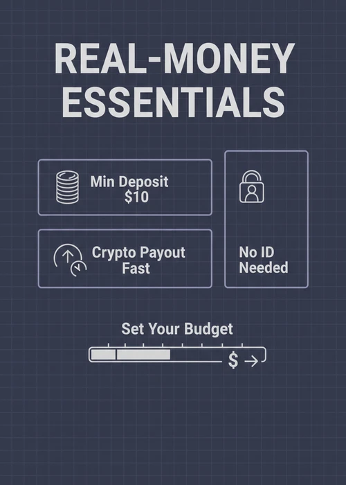 Real-money essentials at a no ID verification casino — $10 min deposit, crypto payout fast and no ID needed with budget control.
