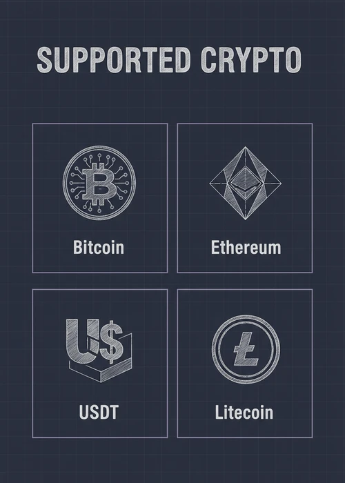 Supported crypto at a no ID verification casino — Bitcoin, Ethereum, USDT and Litecoin shown as icon tiles.